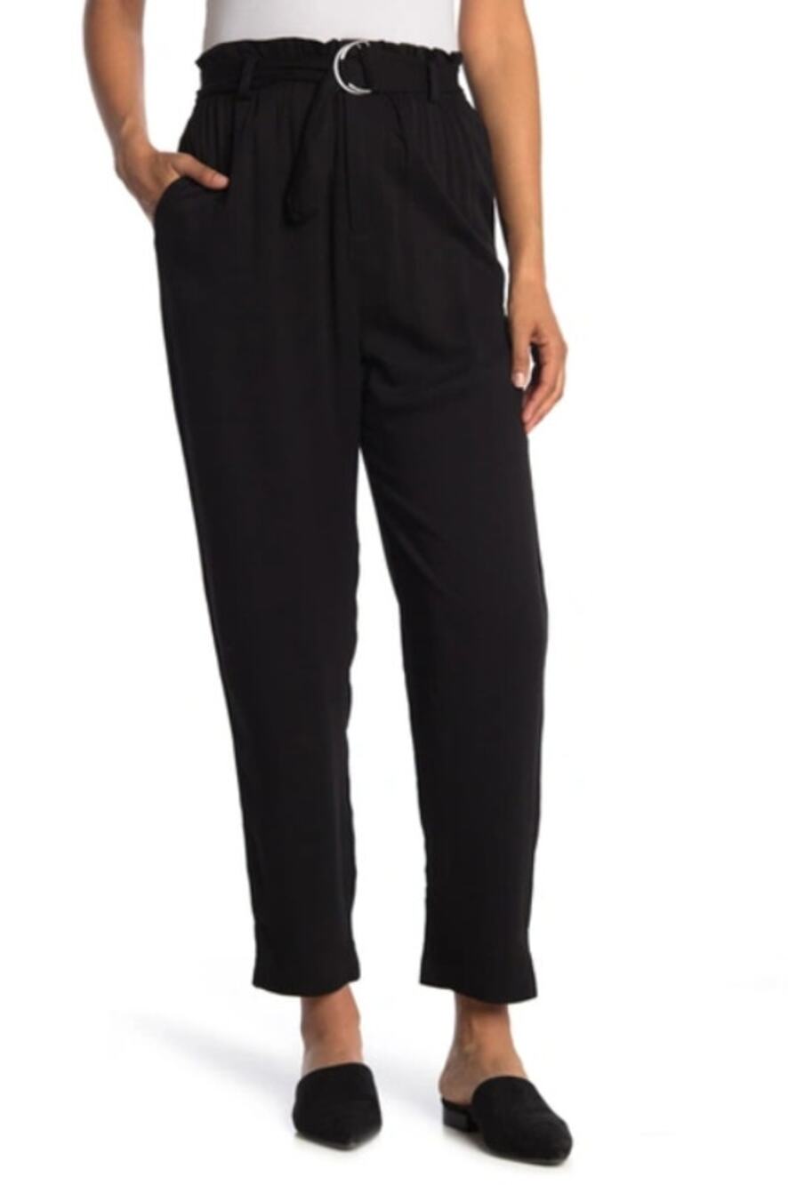 NEW ABOUND Belted Ruffled Paperbag Pants In Black Size Small front zip casual
